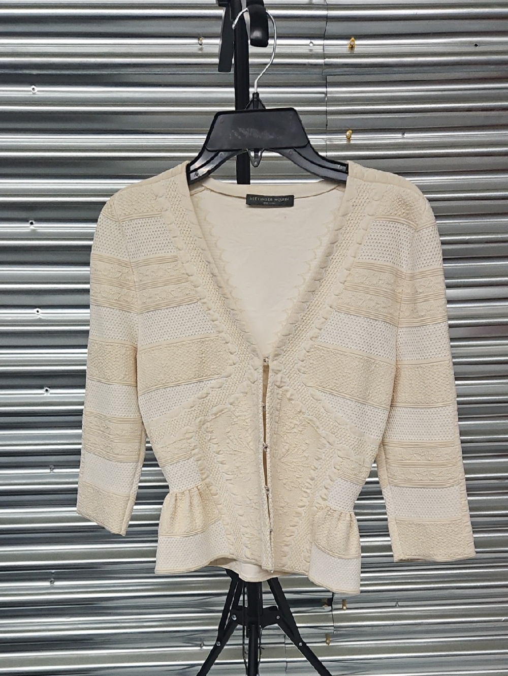 Alessandra Rich Cream Textured Peplum Cardigan